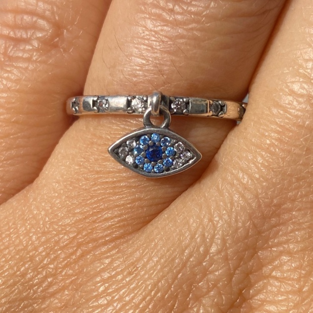 Sterling Silver  Evil Eye Ring with clear and blue zirconias